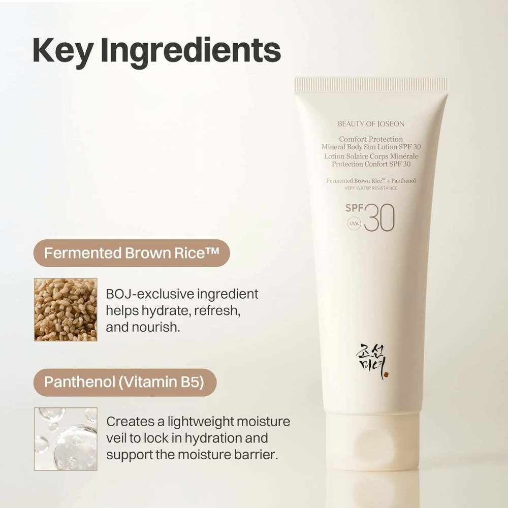 Beauty of Joseon Comfort Protection Mineral Body Sun Lotion SPF30 con arroz integral fermentado y pantenol