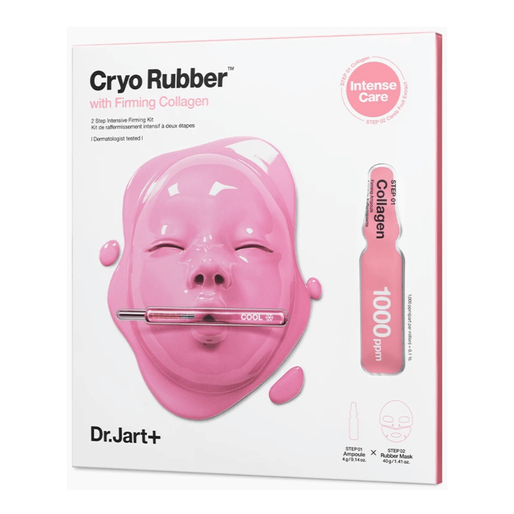 Una imagen de Dr.Jart+'s Cryo Rubber™ con el producto Firming Collagen, muestra una máscara facial rosa y descripción del contenido.