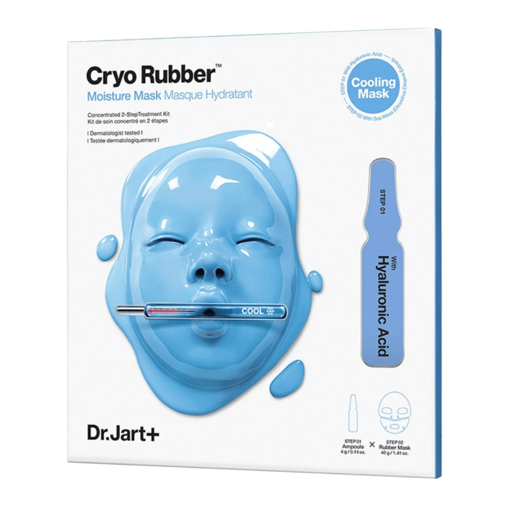 Embalaje de Dr.Jart+ Cryo Rubber Moisture Mask con máscara azul con forma de cara y una ampolla de ácido hialurónico, marcada como "Cooling Mask" y guía de uso paso a paso.