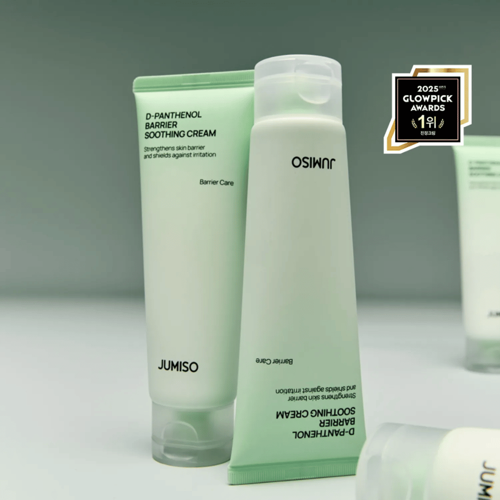 Jumiso D-Panthenol Barrier Soothing Cream en tubo con tapa, fotografiada desde el lado con el logotipo de Glowpick Awards 2025.