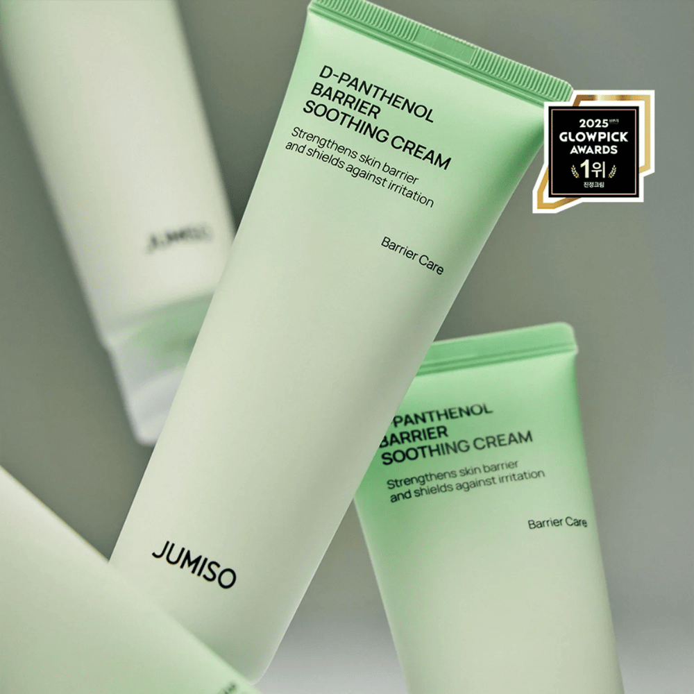 Primer plano de Jumiso D-Panthenol Barrier Soothing Cream en tubo verde, ganador de Glowpick Awards 2025.