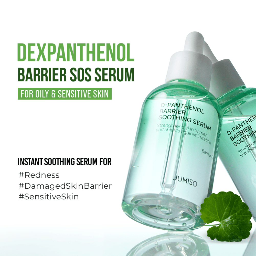 Imagen del producto de Jumiso D-Panthenol Barrier Soothing Serum con texto sobre el efecto SOS para piel sensible, enrojecida y barrera cutánea dañada.