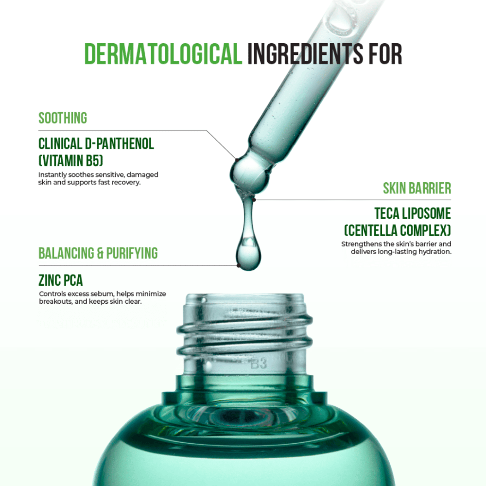 Primer plano de pipeta con suero goteando, ingredientes destacados como D-Pantenol, Zinc PCA y Complejo de Centella para la barrera cutánea e hidratación.