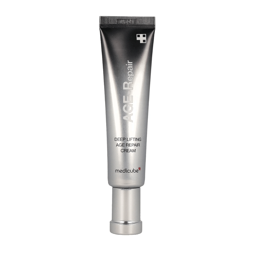 Imagen del producto de Medicube Deep Lifting Age Repair Cream en tubo plateado sobre fondo blanco.