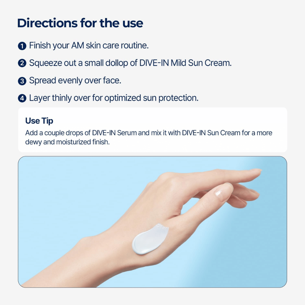 Imagen instructiva que muestra cómo se usa el producto paso a paso. Debajo del texto se ve una mano con una porción de protector solar en el dorso sobre un fondo azul claro.