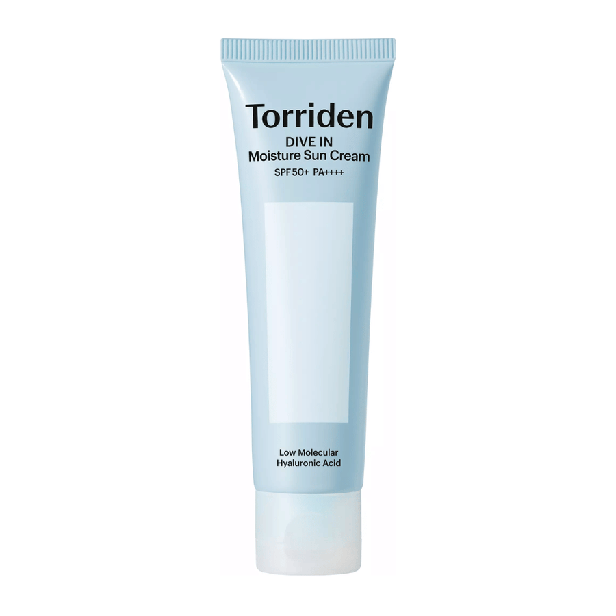 Torriden DIVE-IN Moisture Sun Cream imagen del producto SPF50+ PA++++ sobre fondo blanco con ácido hialurónico de bajo peso molecular para una hidratación intensa y protección UV.