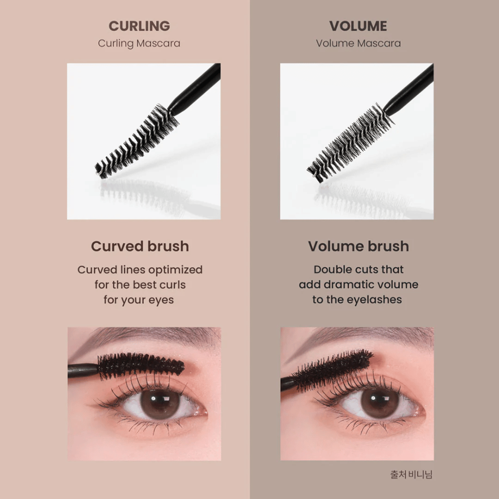 Comparación entre Heimish Dailism Smudge Stop Mascara Rizado y Volumen que muestra la diferencia entre pestañas curvadas y volumen intenso.