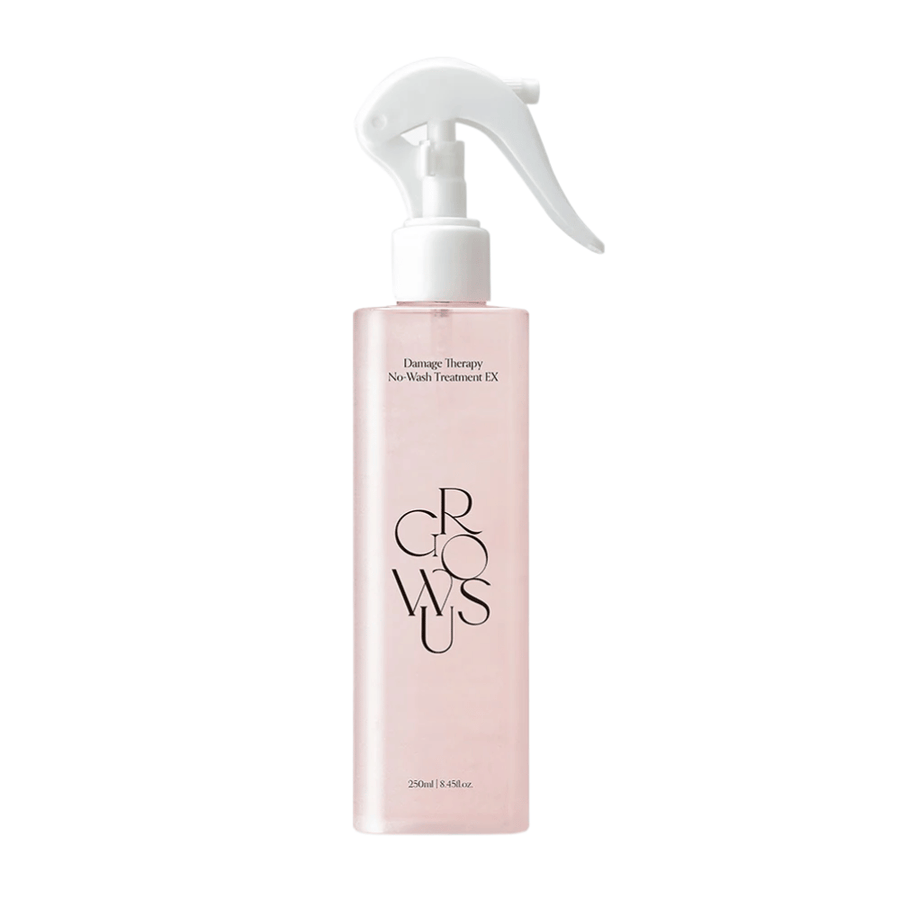 Imagen de producto recortada de GROWUS Damage Therapy No-Wash Treatment EX en botella rosa con atomizador y fórmula sin enjuague para la hidratación y el cuidado del cabello dañado.