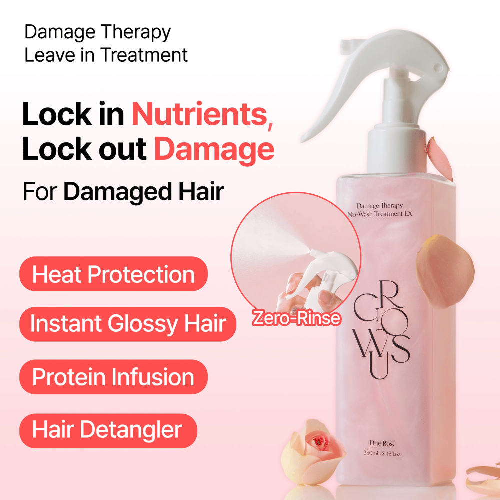 Imagen promocional de GROWUS Damage Therapy No-Wash Treatment EX con enfoque en la protección térmica, el brillo, el cuidado con proteínas y el efecto desenredante para cabello dañado y seco.