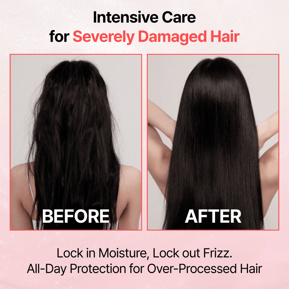 Imagen de antes y después que muestra el resultado de GROWUS Damage Therapy No-Wash Treatment EX con un cabello más liso, brillante y con menos frizz después de su uso.