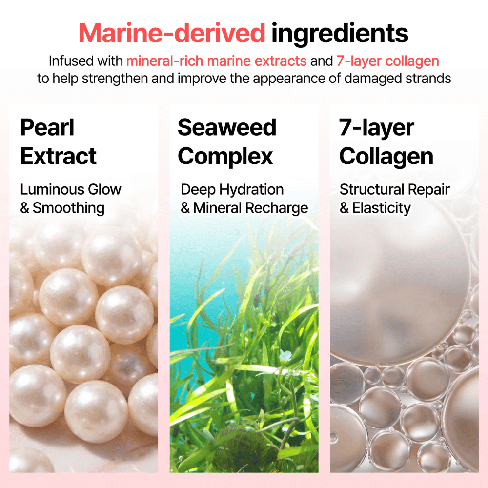 Imagen informativa sobre los ingredientes marinos de GROWUS Damage Therapy No-Wash Treatment EX con extracto de perla, complejo de algas marinas y colágeno de 7 capas para brillo e hidratación.