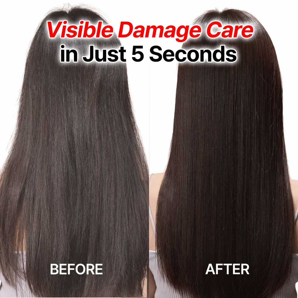 Resultados de antes y después con GROWUS Damage Therapy Shampoo EX para un cabello más liso y saludable
