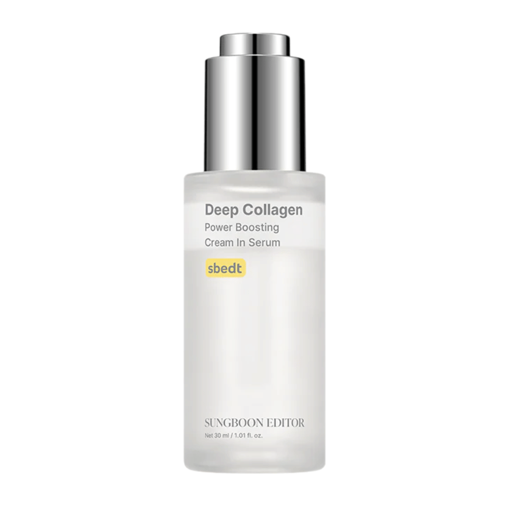 Deep Collagen Power Boosting Cream in Serum en elegante botella transparente con tapa plateada. Un producto rico en colágeno que proporciona una piel más rellena.