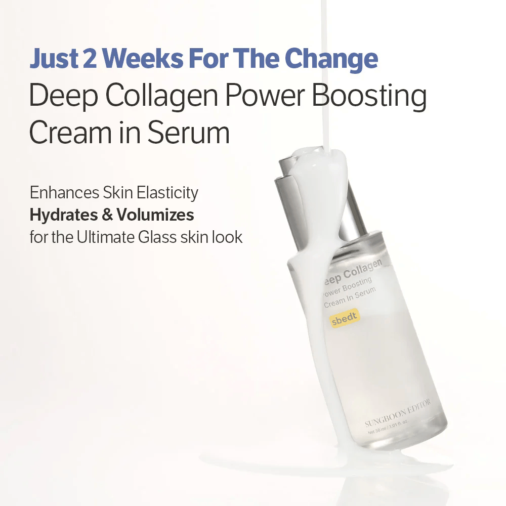 Sungboon Editor Deep Collagen Power Boosting Cream in Serum cubierto de crema fluida. Producto que hidrata, fortalece la elasticidad y proporciona una piel vidriosa.