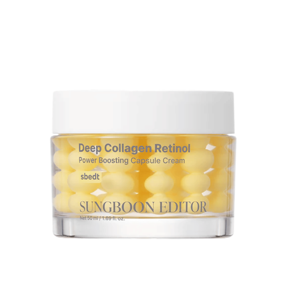 Sungboon Editor Deep Collagen Retinol Capsule Cream en frasco de vidrio con cápsulas amarillas. Una crema anti-edad potente con retinol y colágeno.