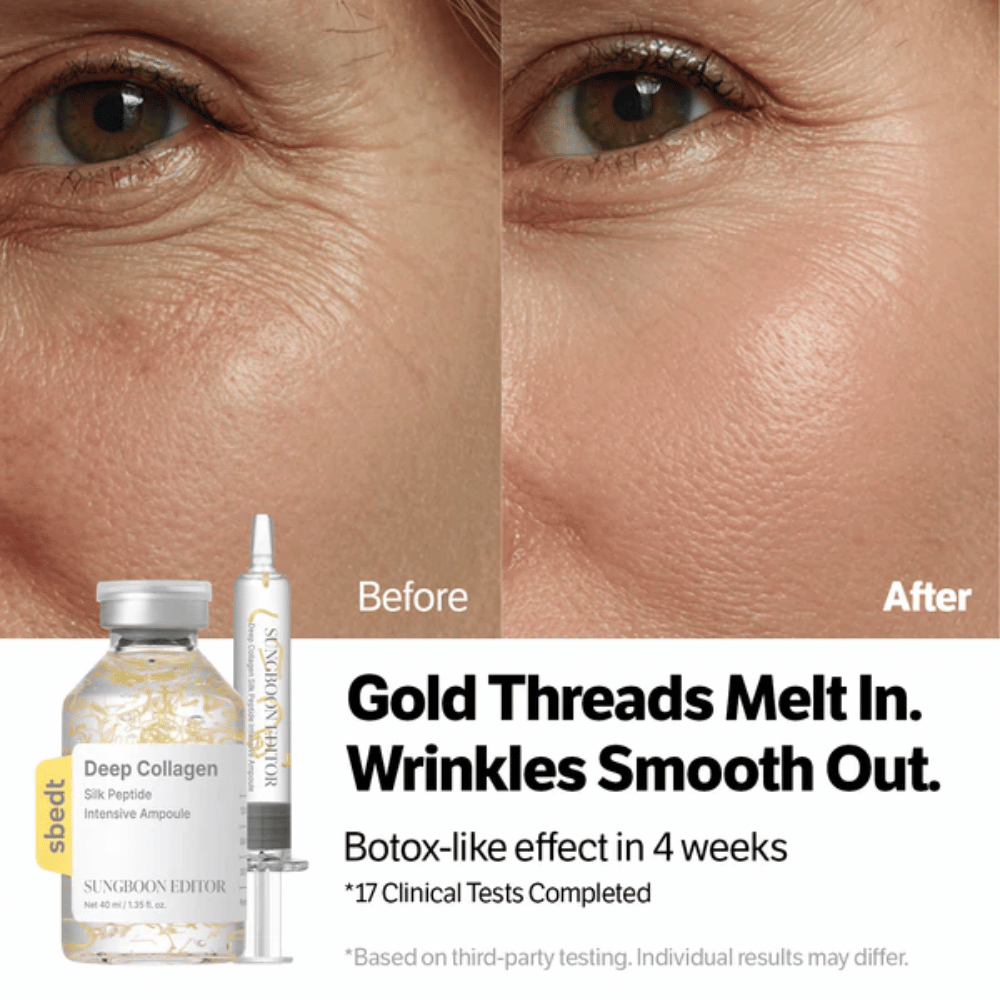 SUNGBOON EDITOR Deep Collagen Silk Peptide Intensive Ampoule – suero con péptidos que ayudan a reducir arrugas y mejorar la elasticidad de la piel para un resultado más suave.