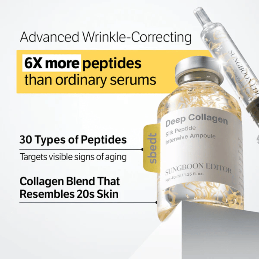 SUNGBOON EDITOR Deep Collagen Silk Peptide Intensive Ampoule – suero avanzado con colágeno y péptidos que ayudan a mejorar la firmeza de la piel y reducir los signos visibles de la edad.