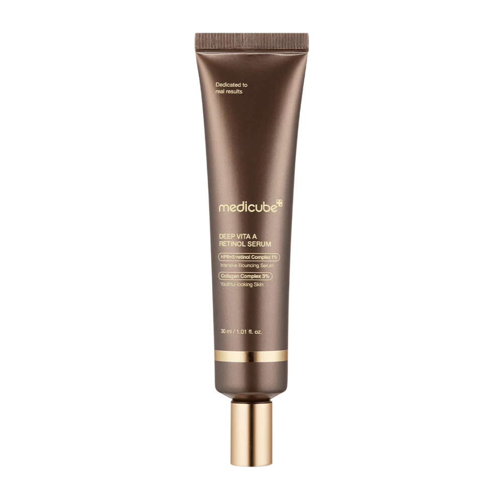 Medicube Deep Vita A Retinol Serum en tubo marrón con detalles dorados, un producto anti-envejecimiento que combina retinol y colágeno para una piel más firme.