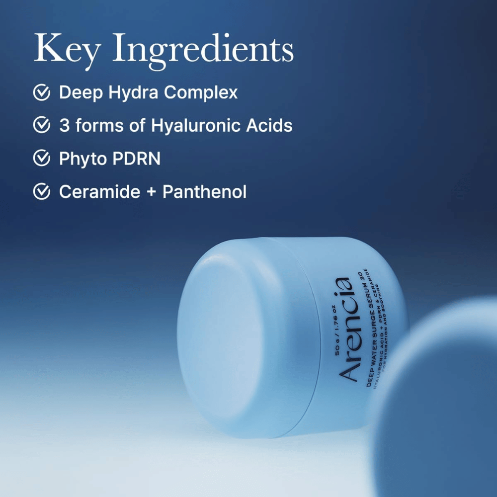 Arencia Deep Water Surge Serum 30 – ingredientes clave con ácido hialurónico, Phyto PDRN, ceramidas y pantenol