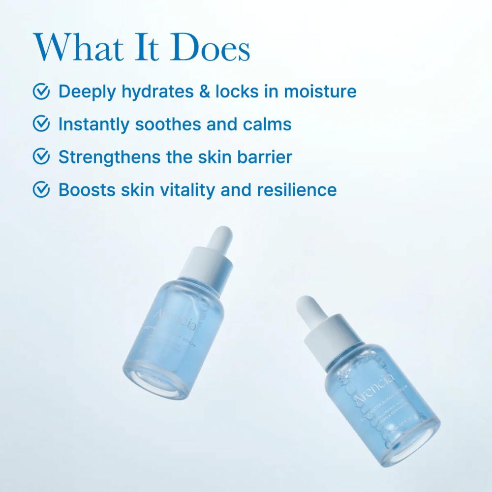 Dos botellas de Arencia Deep Water Surge Serum que destacan la textura ligera y a base de agua del suero para una hidratación intensa y piel equilibrada.
