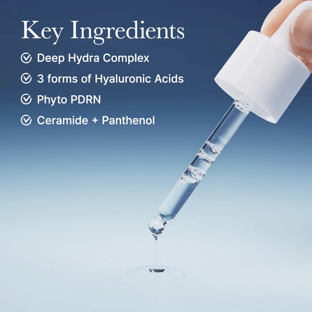 Pipeta con suero que muestra la ligera consistencia del Deep Water Surge Serum de Arencia y sus ingredientes activos como ácido hialurónico, fito PDRN, ceramidas y pantenol.
