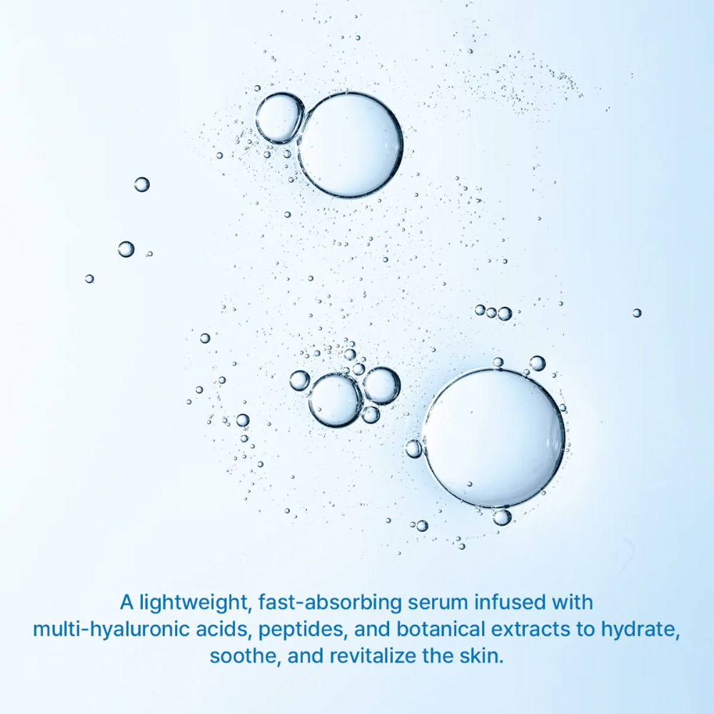 Ilustración de burbujas de agua que simbolizan la hidratación intensa de Arencia Deep Water Surge Serum con ácido hialurónico múltiple y fórmula de rápida absorción.