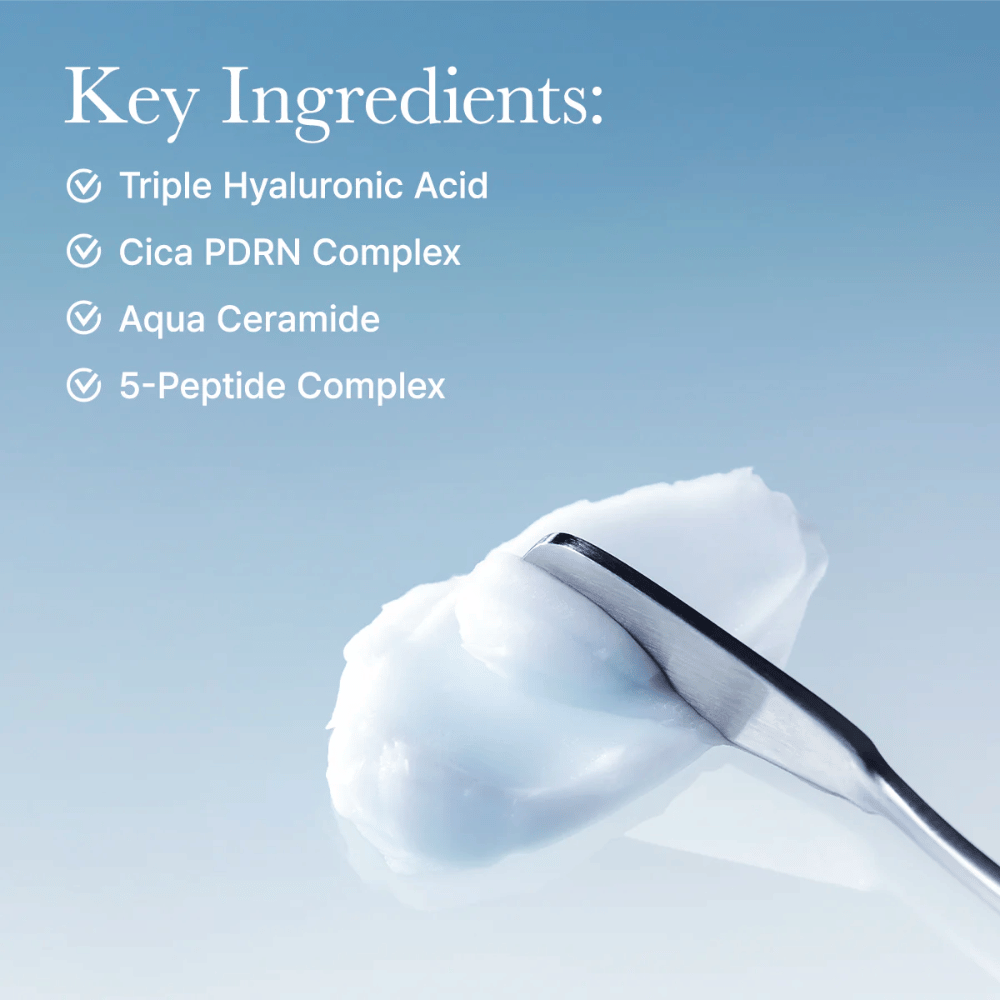 Ingredientes clave en Arencia Deep Water Surge Soothing Cream con triple ácido hialurónico, Cica PDRN, aqua ceramide y complejo de 5 péptidos para hidratación intensa y soporte de la barrera cutánea.