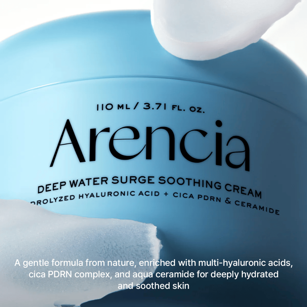 Arencia Deep Water Surge Soothing Cream con ácido hialurónico, Cica PDRN y ceramidas – crema facial calmante que hidrata en profundidad y fortalece la barrera cutánea para piel sensible y seca.