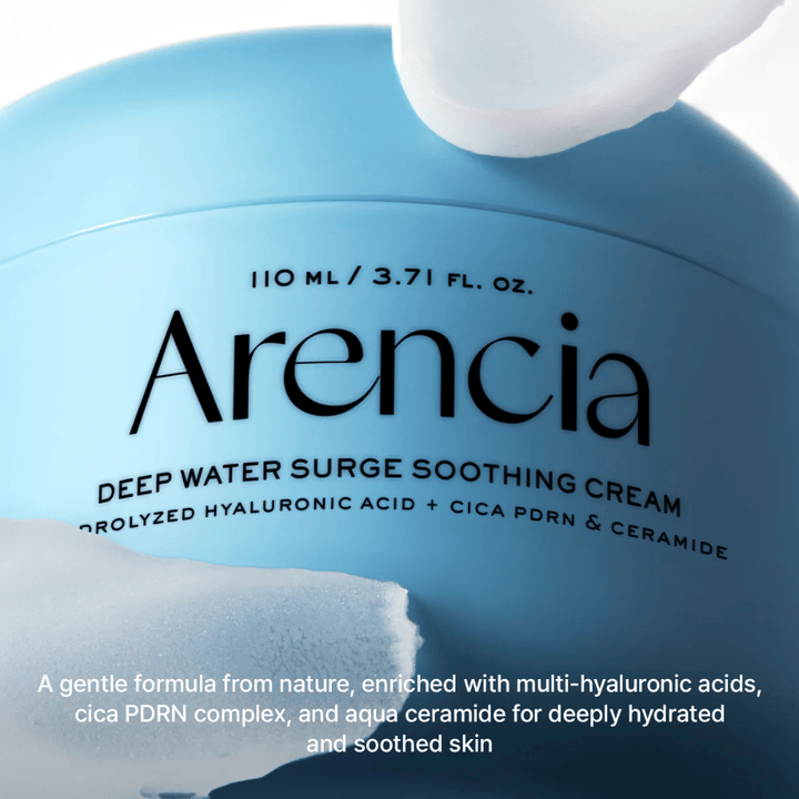 Arencia Deep Water Surge Soothing Cream con ácido hialurónico, Cica PDRN y ceramidas – crema facial calmante que hidrata en profundidad y fortalece la barrera cutánea para piel sensible y seca.