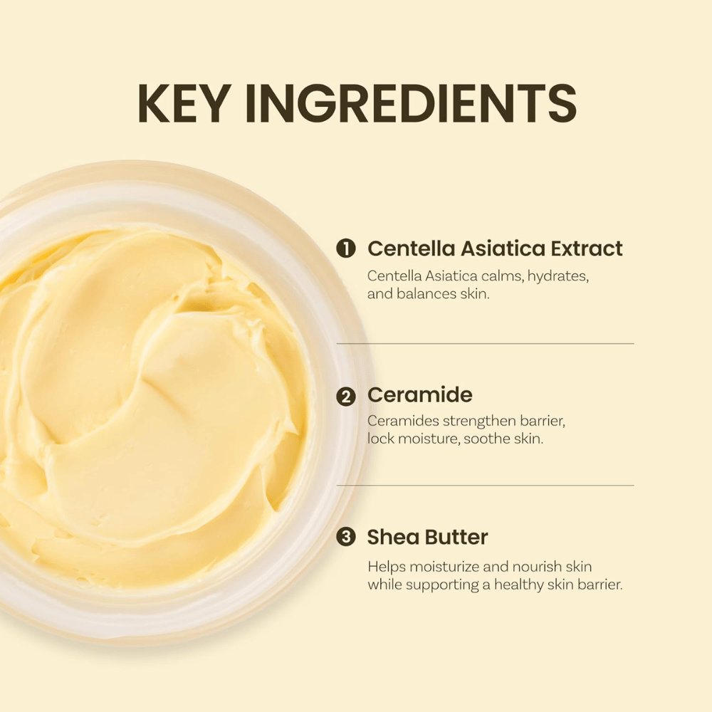 Ingredientes clave en Ongredients Deep Calming Cream: Centella Asiática, ceramidas y manteca de karité que hidratan y equilibran la piel.