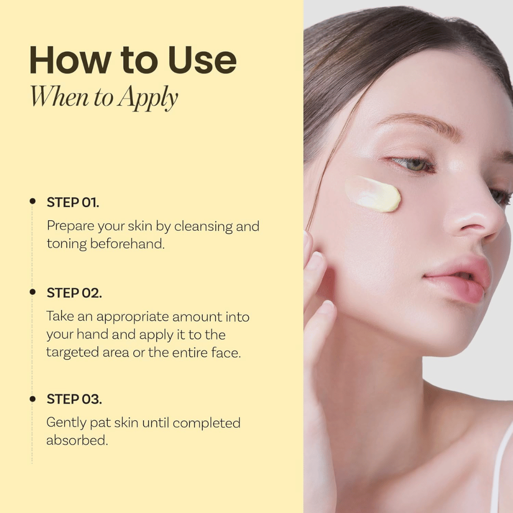 Instrucciones para Ongredients Deep Calming Cream – aplicar después de la limpieza y el tónico, dar golpecitos suaves hasta que la crema se absorba.