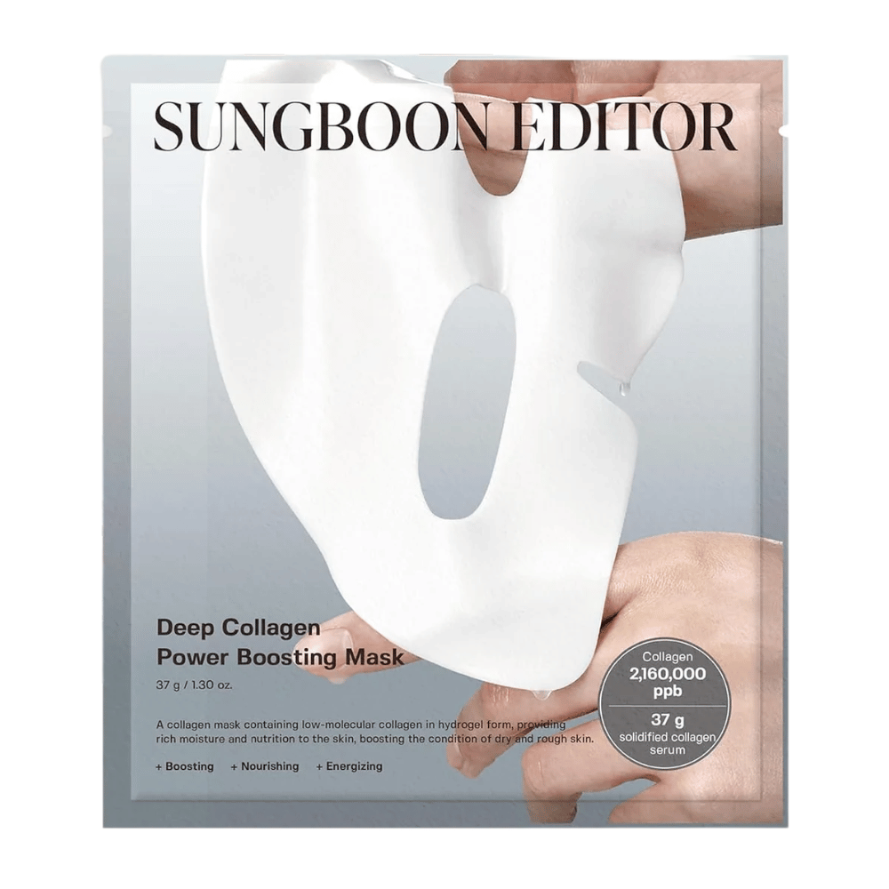 Sungboon Editor Deep Collagen Power Boosting Mask 37 g, un colágeno Sheet mask en envase plateado que hidrata, fortalece y nutre la piel.