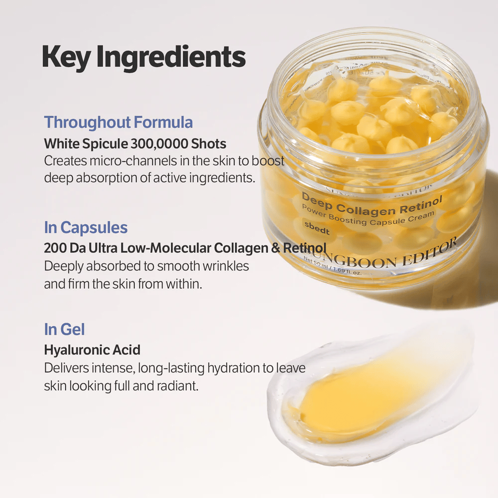 Primer plano de Sungboon Editor Deep Collagen Retinol Capsule Cream con texto sobre ingredientes clave como retinol, colágeno y ácido hialurónico para firmeza e hidratación.