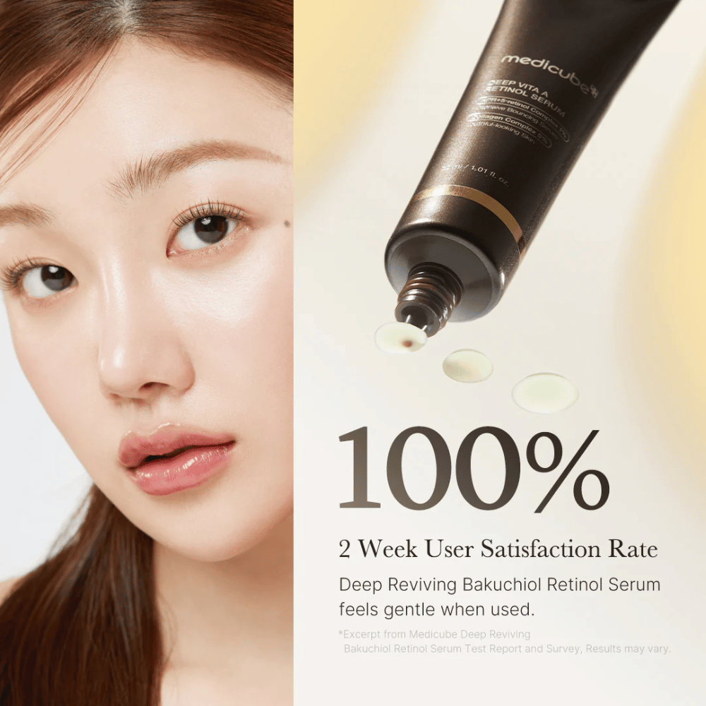 Imagen publicitaria de Medicube Deep Vita A Retinol Serum con un primer plano de una mujer, el tubo del producto y texto que muestra un 100% de satisfacción del usuario después de dos semanas.
