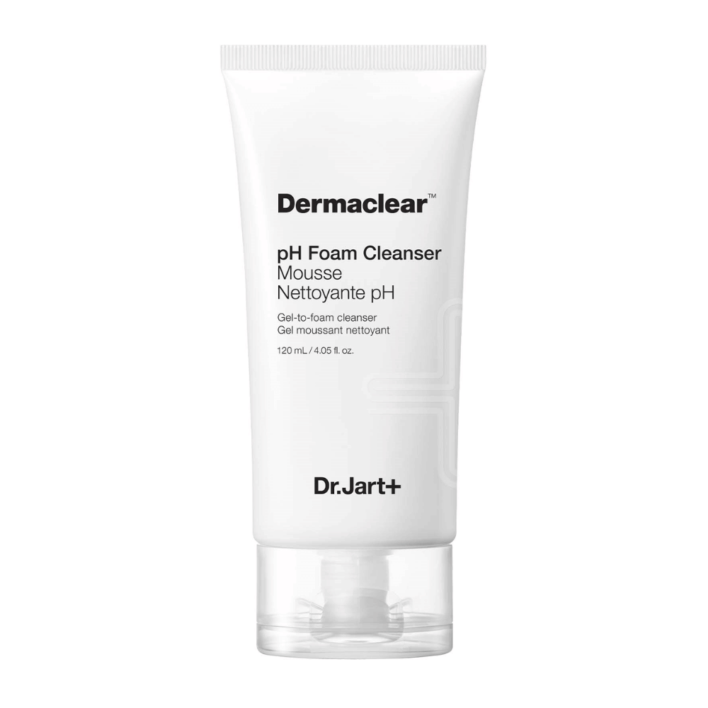 Tubo blanco de Dr.Jart+ Dermaclear pH Foam Cleanser con texto negro, de pie sobre un fondo blanco.