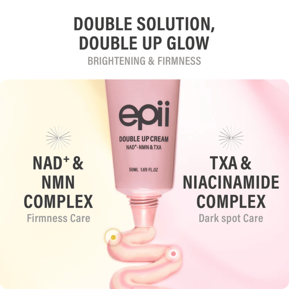 EPII Double Up Cream NAD+, NMN y TXA – crema facial con niacinamida y ácido tranexámico para un tono de piel uniforme, firmeza e hidratación.