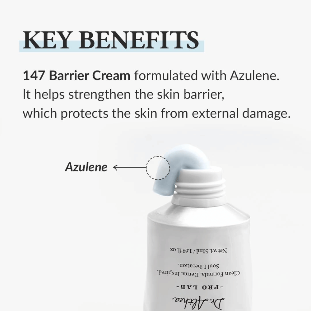 Dr. Althea 147 Barrier Cream con Azulene, una crema hidratante que fortalece la barrera cutánea y protege la piel de daños externos.