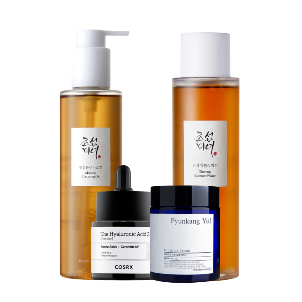 Productos de belleza que incluyen aceite limpiador de ginseng, agua esencia de ginseng, COSRX suero de ácido hialurónico y Pyunkang Yul crema nutritiva.