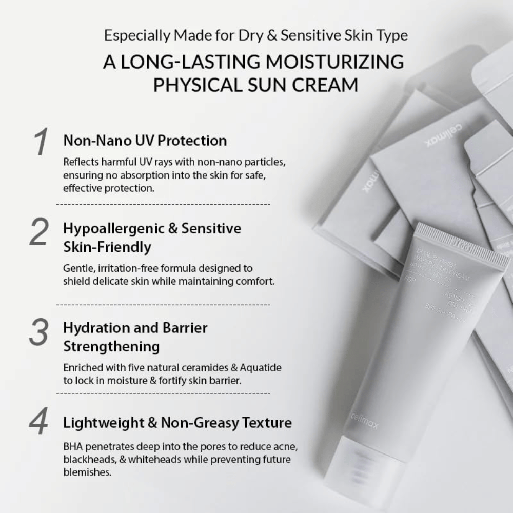Celimax Dual Barrier Watery Sun Cream SPF50+ PA++++ con filtro UV físico, cinco ceramidas y Aquatide que hidrata y fortalece la barrera cutánea.