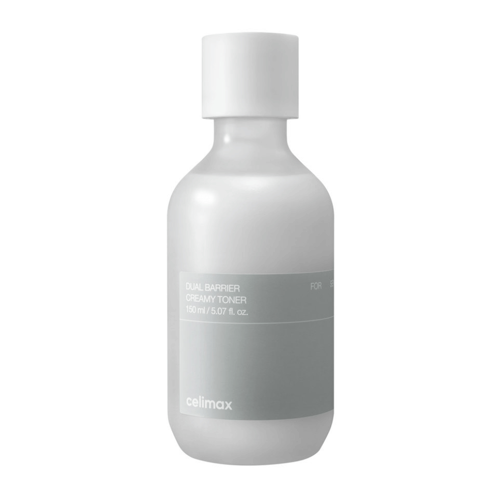 Botella blanca con etiqueta gris para Celimax Dual Barrier Creamy Toner – un tónico hidratante con fórmula suave, especialmente diseñado para piel sensible y seca.