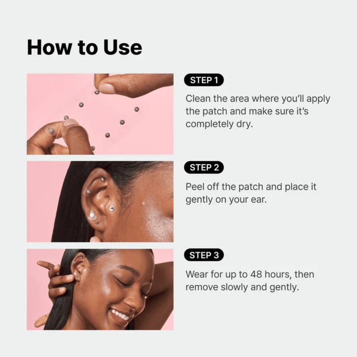 Guía paso a paso que muestra cómo se aplica RETURNITY Ear Therapy Acupressure Patch en la oreja. Los parches se colocan en puntos seleccionados y pueden llevarse hasta 48 horas.