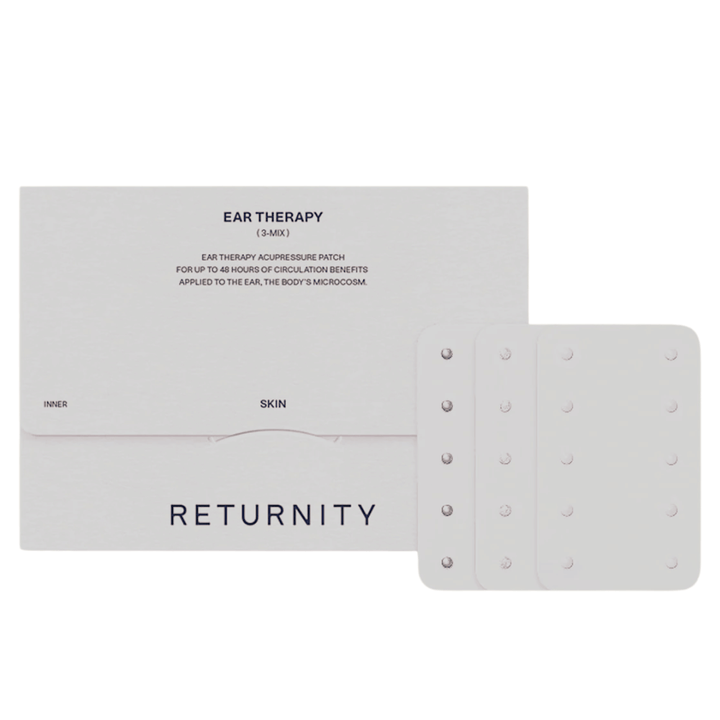 RETURNITY Ear Therapy Acupressure Patch 30pcs (3-Mix) con empaque y tres tipos diferentes de parches de acupresión. El set contiene varias variantes para una acupresión auricular adaptada y uso diario.