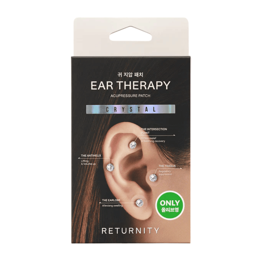 Embalaje de RETURNITY Ear Therapy Acupressure Patch Crystal con parches decorativos de cristal para acupresión auricular y enfoque en puntos específicos de la oreja.