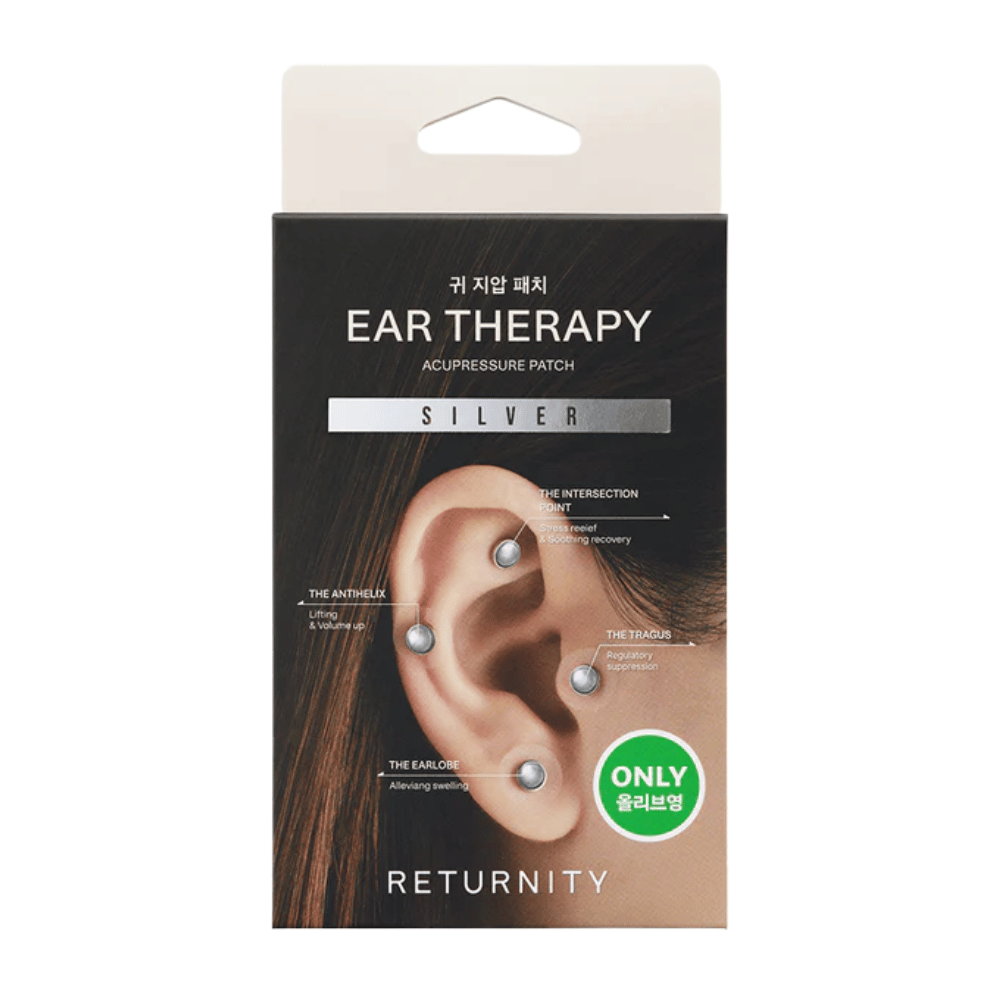 Embalaje de RETURNITY Ear Therapy Acupressure Patch Silver con parches auriculares de color plateado y puntos de acupresión marcados en la oreja.