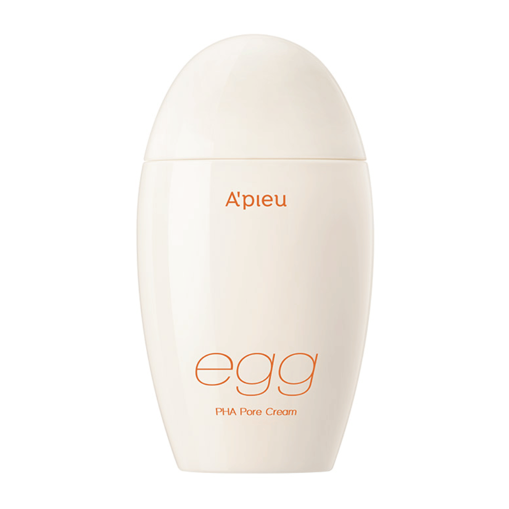 A’pieu Egg PHA Pore Cream en un empaque beige en forma de huevo con texto naranja: una crema facial coreana para la reducción de poros y exfoliación suave.
