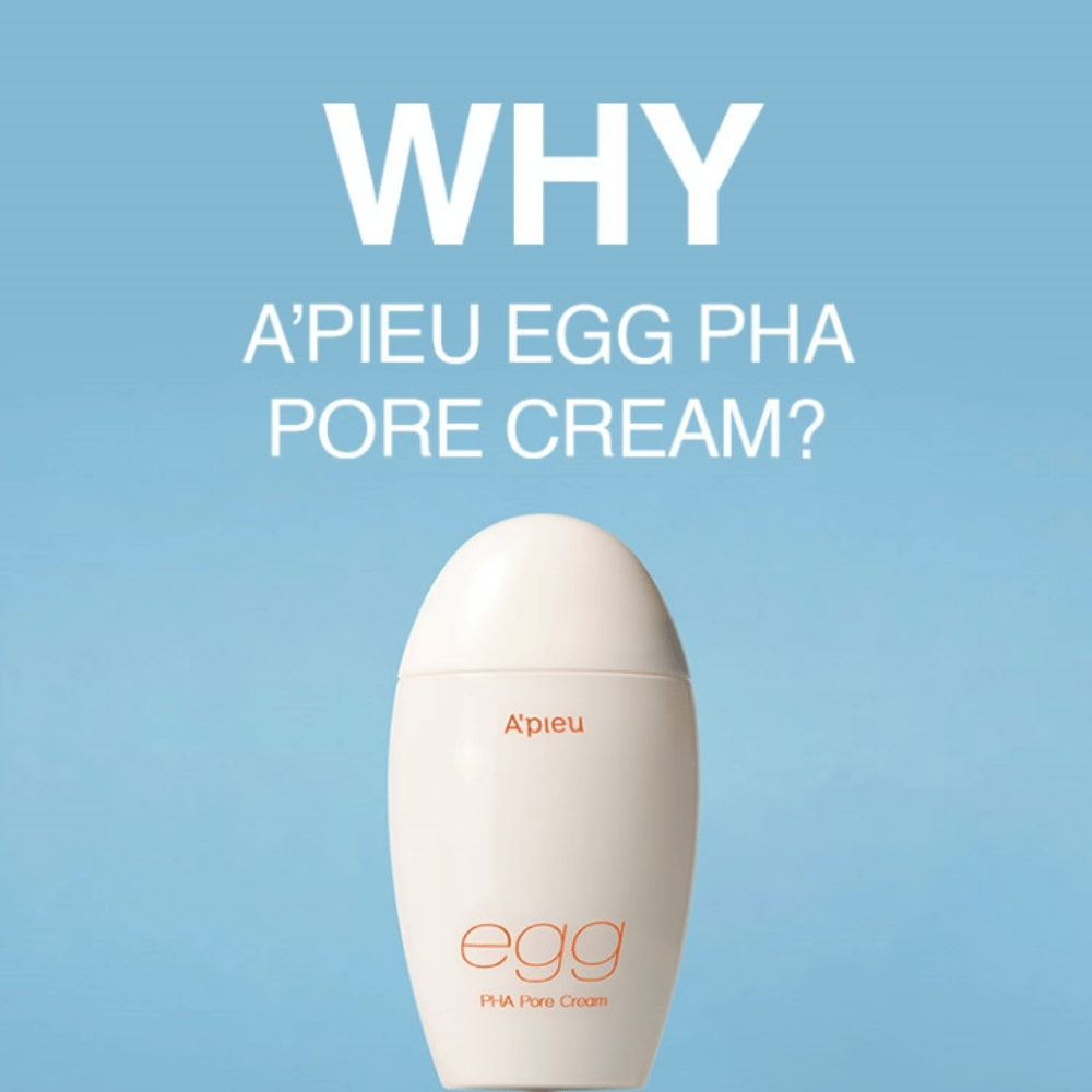 A’pieu Egg PHA Pore Cream en un empaque en forma de huevo sobre un fondo azul con el texto "WHY A’PIEU EGG PHA PORE CREAM?", destacando los beneficios del producto.