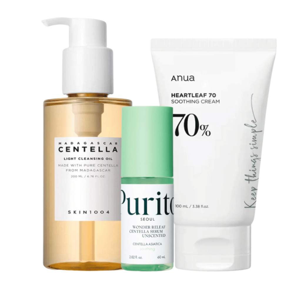 Este Kit de cuidado de la piel contiene tres pasos para una piel radiante: SKIN1004 Madagascar Centella Light Cleansing Oil para una limpieza suave, Purito Wonder Relief Centella Serum para hidratación y Anua Heartleaf 70 Soothing Cream para un cuidado calmante. Perfecto para uso diario.
