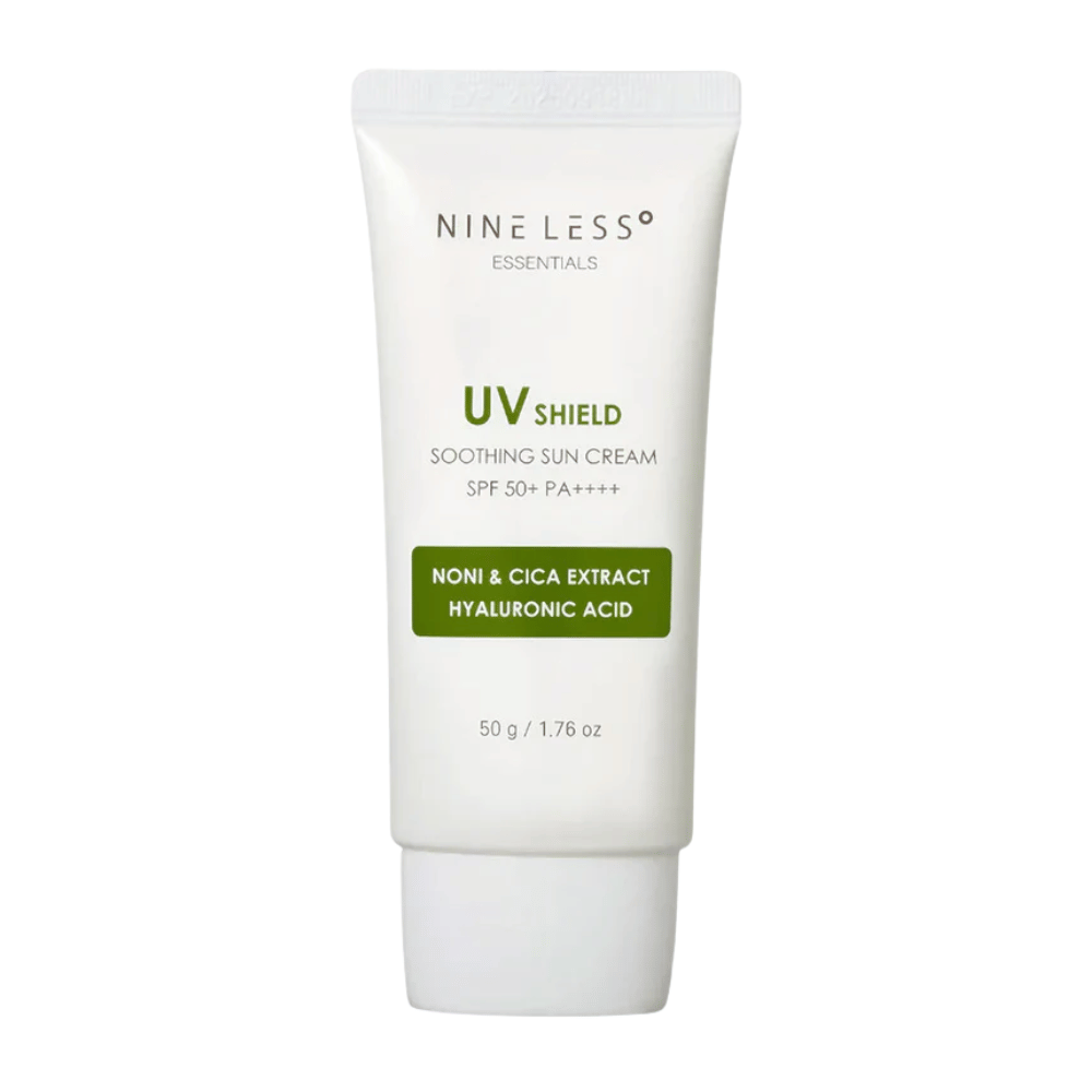 NINE LESS Essentials UV Shield Soothing Sun Cream SPF 50+ PA++++ – protector solar hidratante con noni, extracto de cica y ácido hialurónico que protege y calma la piel.