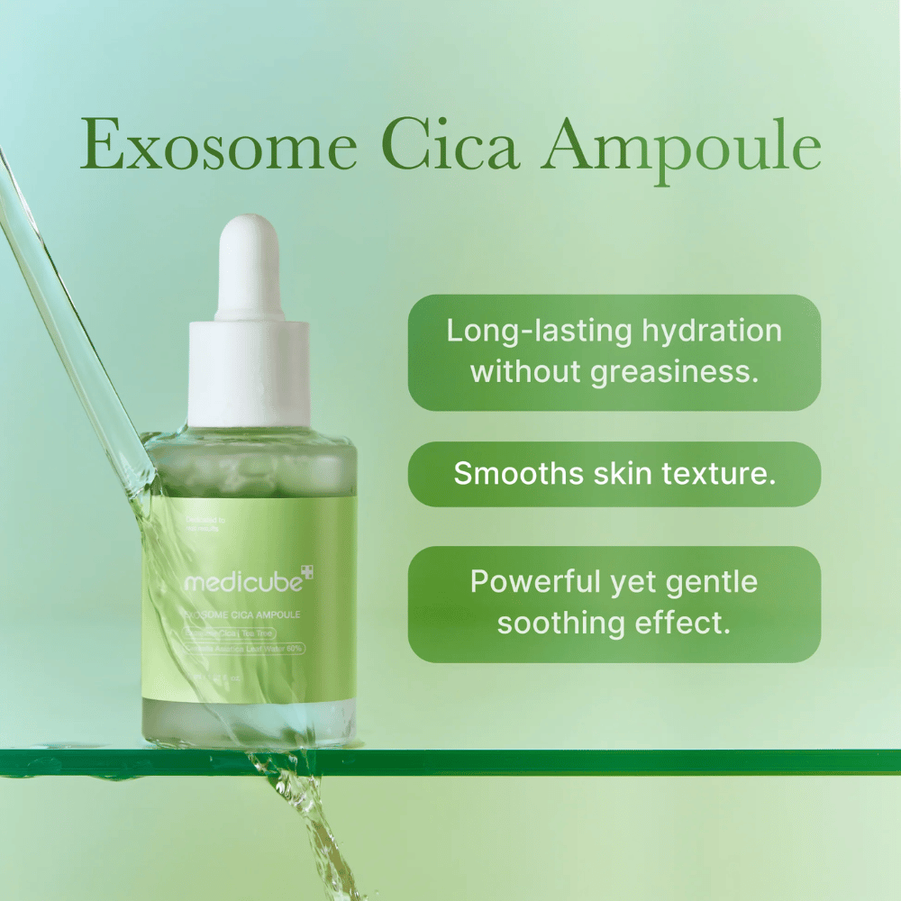 Medicube Exosome Cica Ampoule con flujo de agua verde, destacado por hidratación prolongada, tono de piel uniforme y efecto calmante potente pero suave.