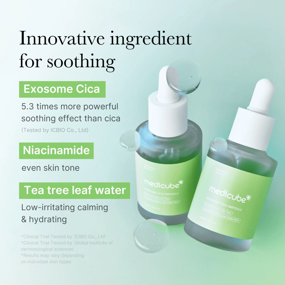 Dos botellas Medicube Exosome Cica Ampoule, formulado con Exosome Cica, niacinamida y tea tree leaf water para un efecto calmante.